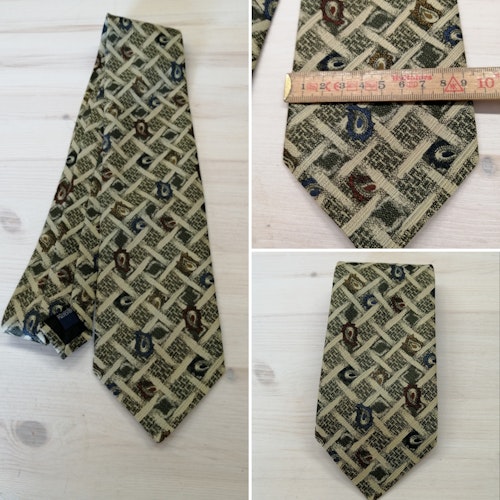Vintage slips bredare rutig grön-beige med fler-färgade detaljer