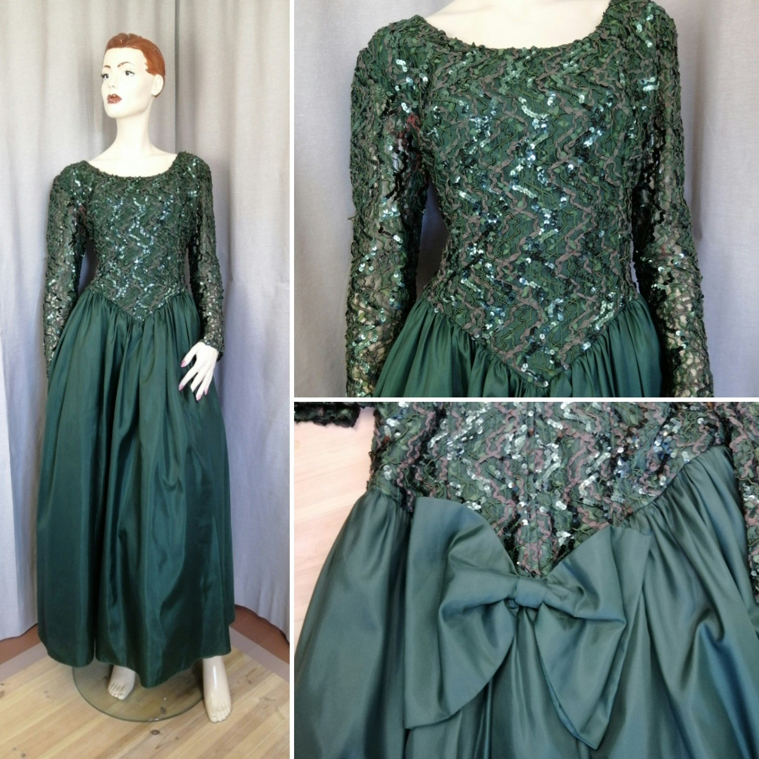 Vintage grön långklänning paljetter livet vid kjol underkjolar rosett bak  80-tal - Vintage Corner Österlen
