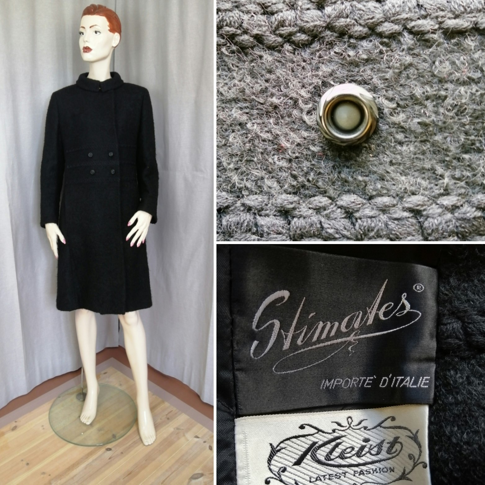 Vintage svart kappa bouclé flätstickad fram med 4 knappar liten rund krage  60-tal - Vintage Corner Österlen