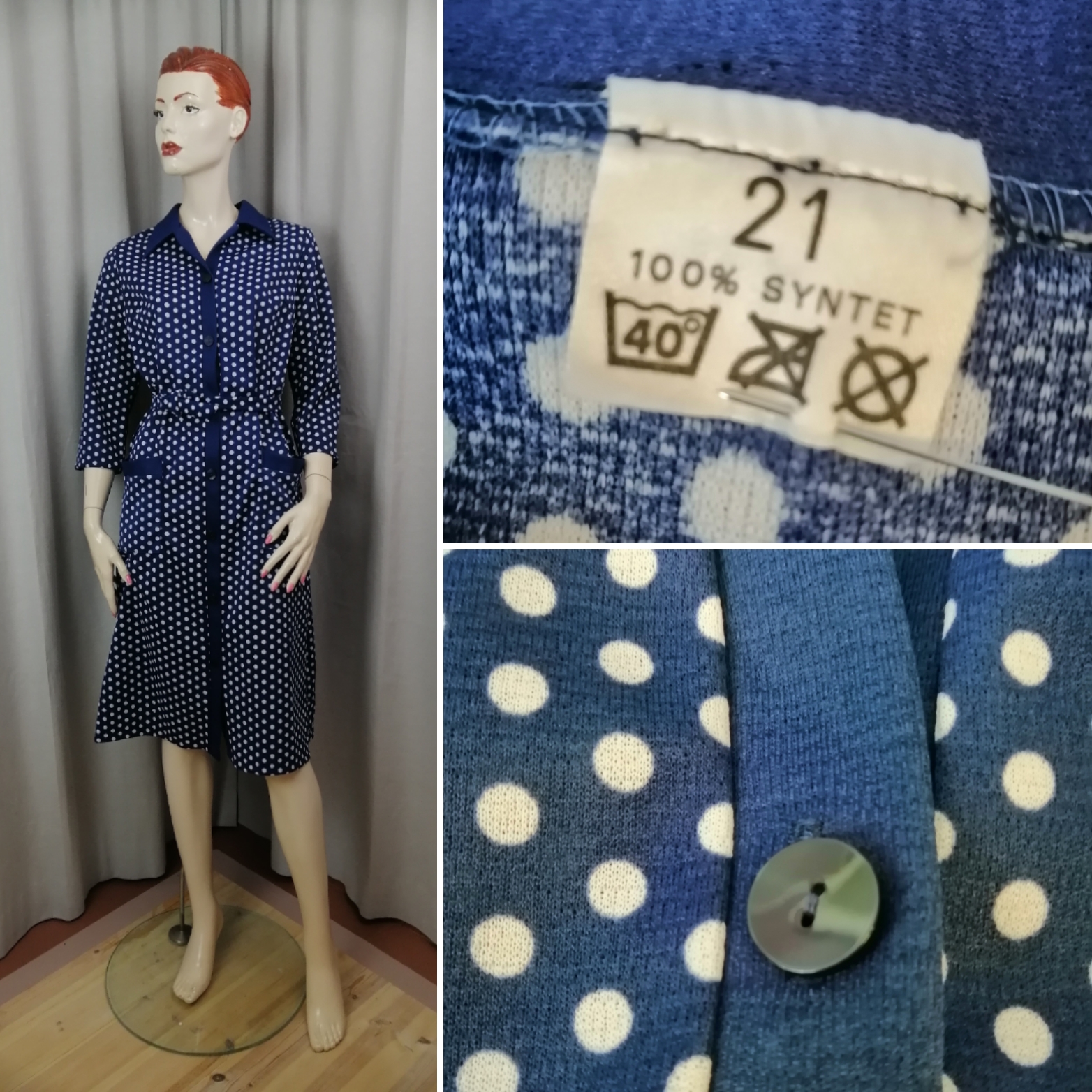 Vintage klänning blå med vita prickar syntet skärp fickor 6070-tal