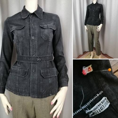 Vintage liten figursydd svart skjort-jacka indisk bomull skärp fickor