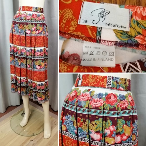 Vintage 80-tal veckad blommig längre kjol röd och färgglad