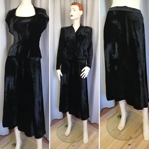 Vintage 3 delat set svart silkessammet top, jacka kjol  3040-tal