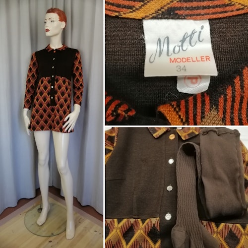 Vintage pytteliten trikå-klänning bru och orangemönstrad, kalasbyxor bruna 6070-tal