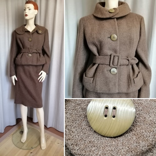 Vintage brun dräkt tjock ull, jacka och kjol 60-tal