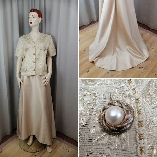 Vintage lång kjol och jacka till fest eller bröllop elfenbensvit guldf
