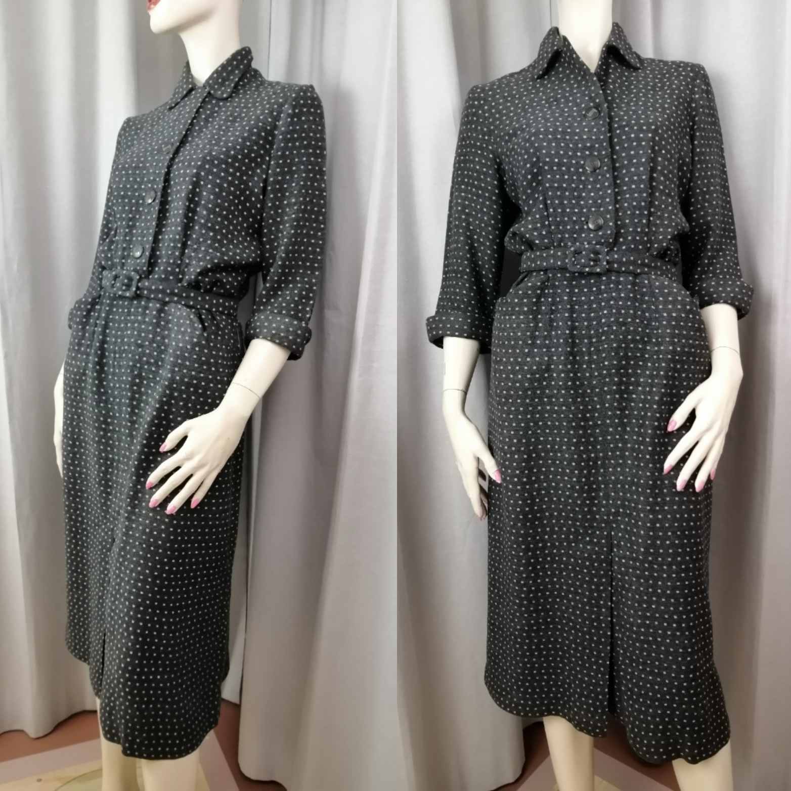 Vintage grå klänning knappar fram skärp halvlång ärm mjukt vävt tyg 4050-tal