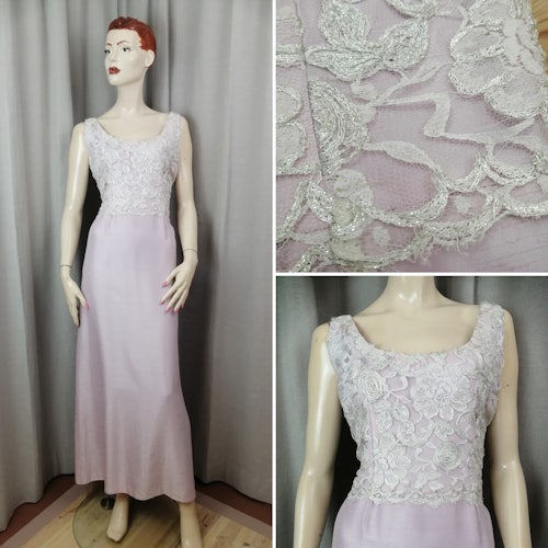 Vintage ljuslila långklänning shantung spetsöverdel ärmlös rakare kjol