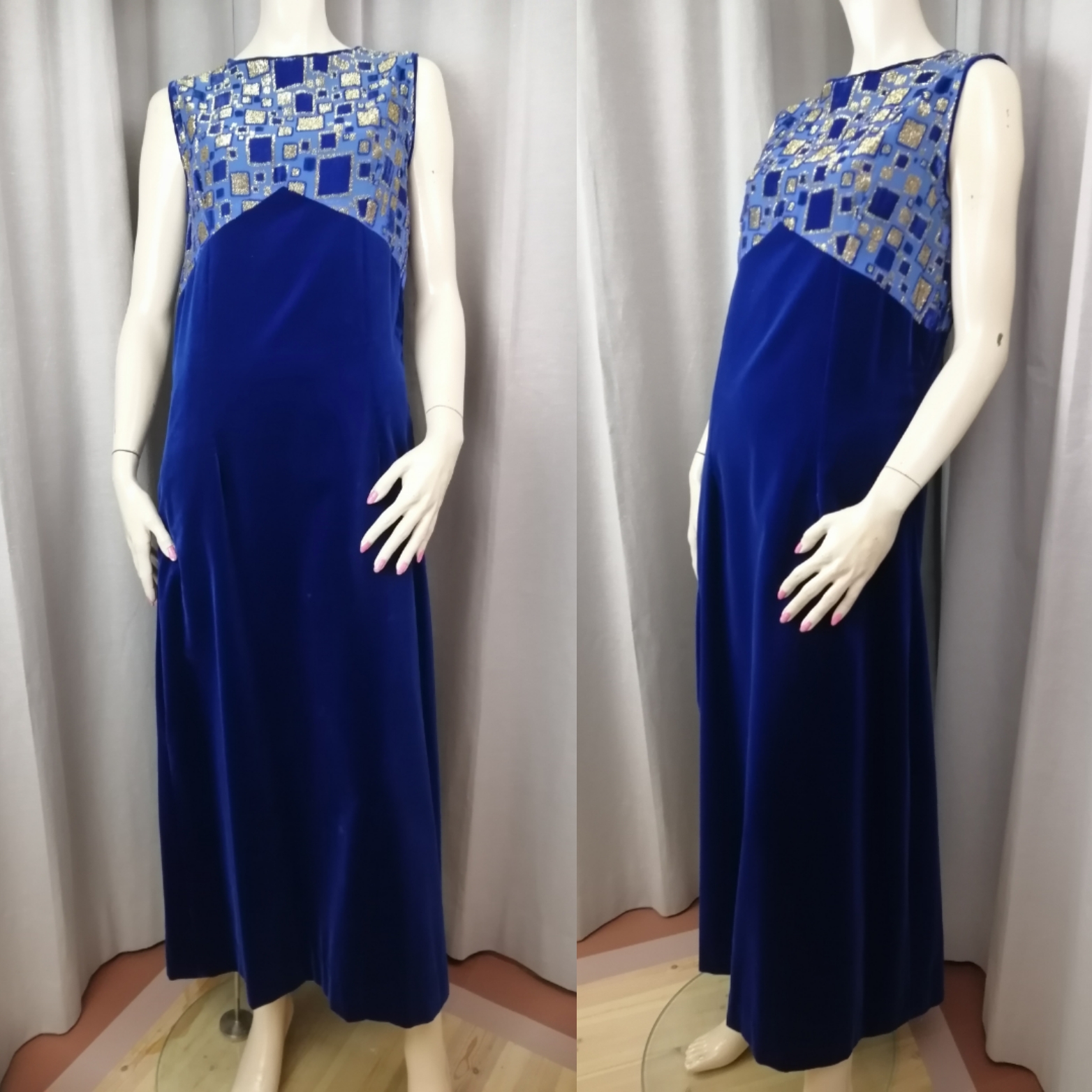 Vintage långklänning blå sammetskjol top med guldf mönster 6070-tal