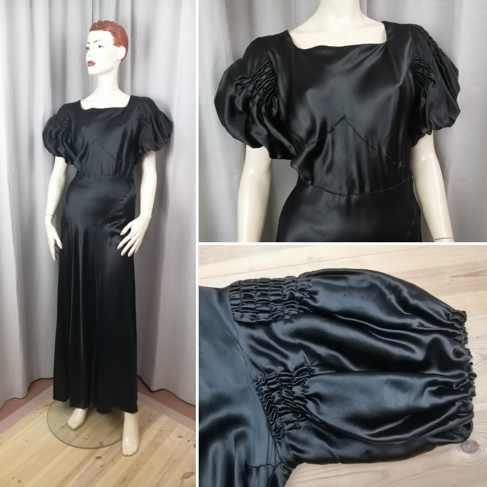 Vintage svart långklänning ev. 30-tal puffärm figursydd