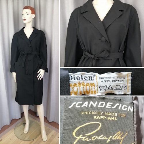 Vintage svart kappa poplin stora klädda knappar skärp 5060-tal