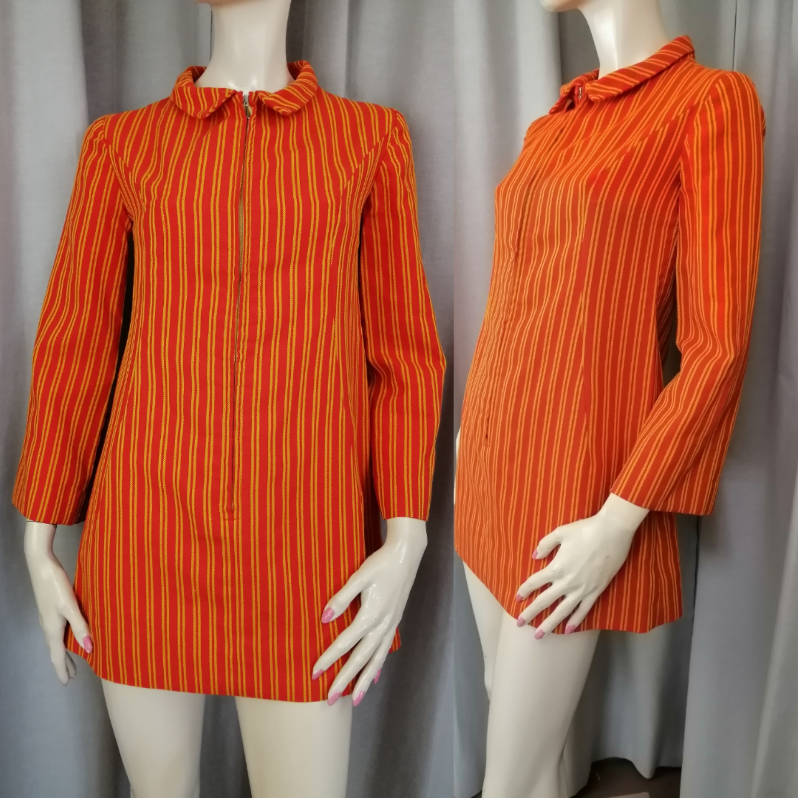 Vintage tunika eller kortkort klänning vävd bomull orange med ränder lång ärm 60-tal