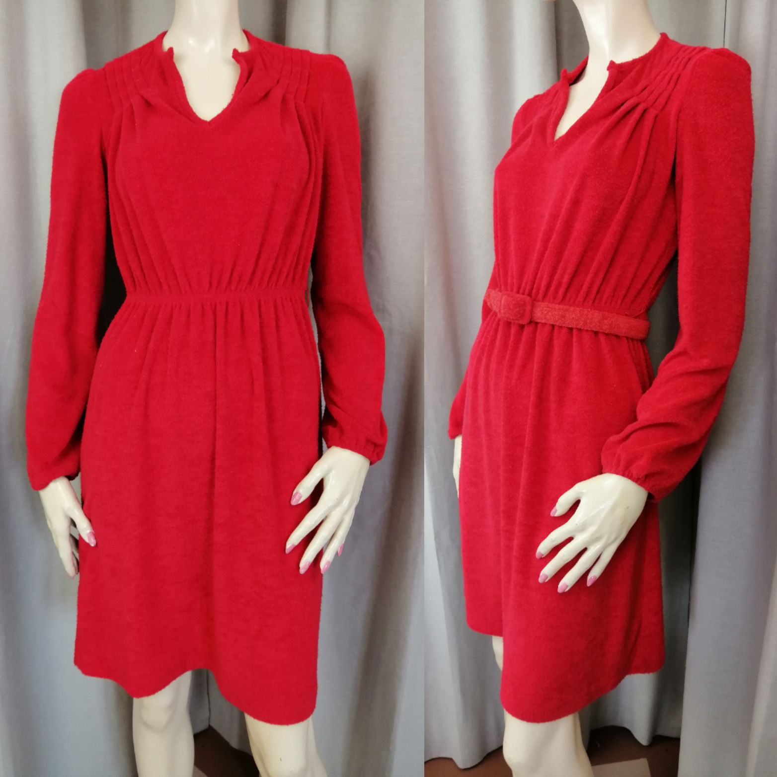 Vintage röd mjuk klänning lång ärm resår midjan skärp