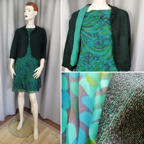 Vintage festklänning 60-tal plisserad grönblommig, kort jacka metallic grön 60-tal