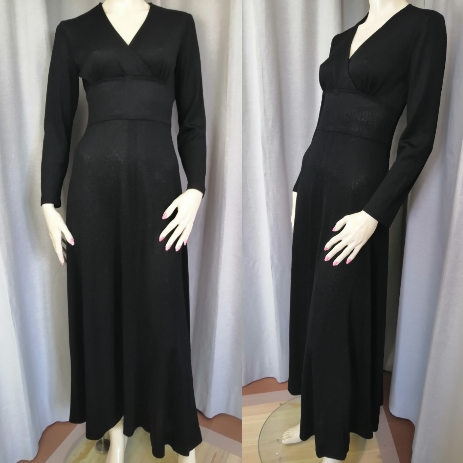 Vintage svart lång klänning syntet lång ärm fin omlottskärning midja 70-tal