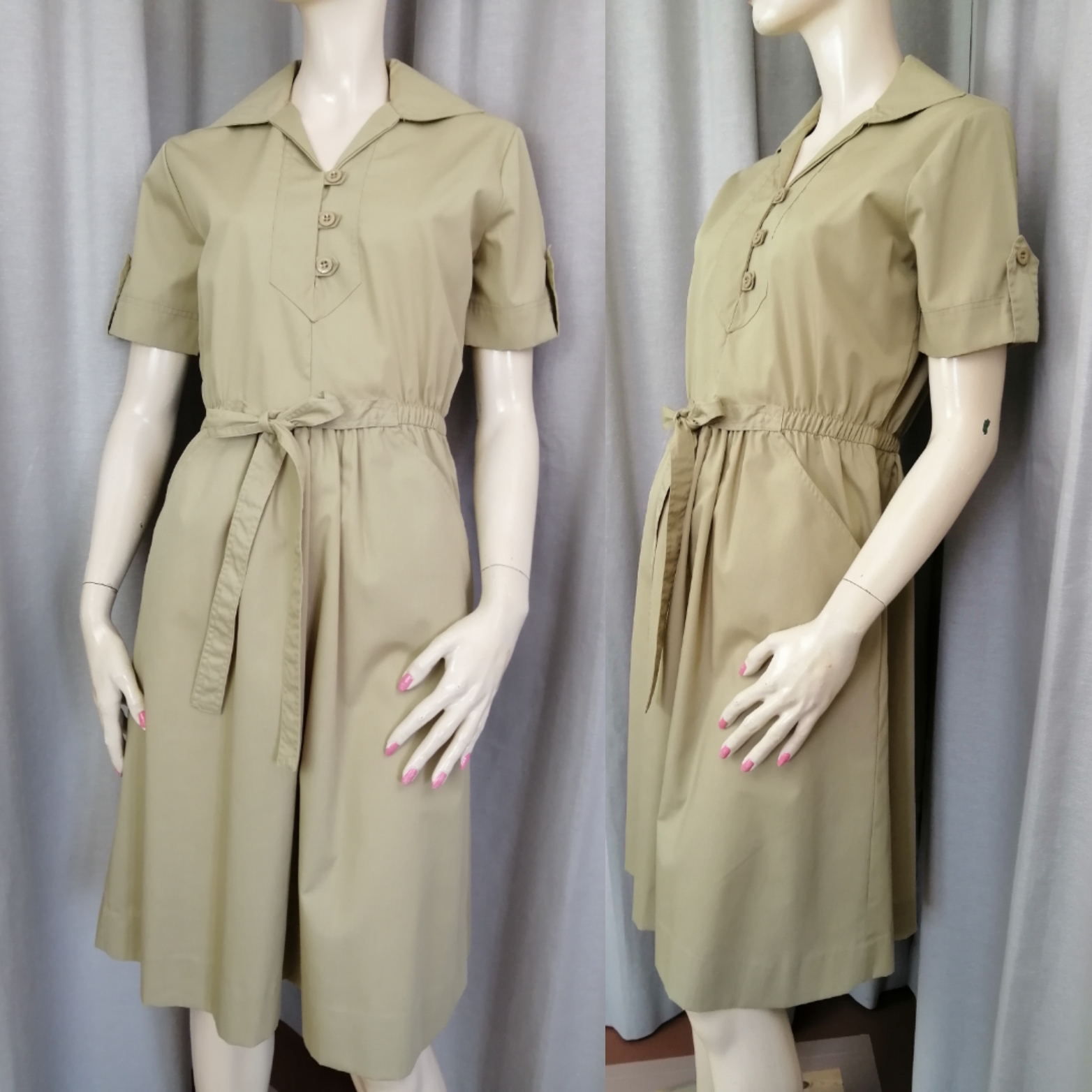Vintage beige safri-inspirerad klänning kort ärm resår midjan fickor 70-tal