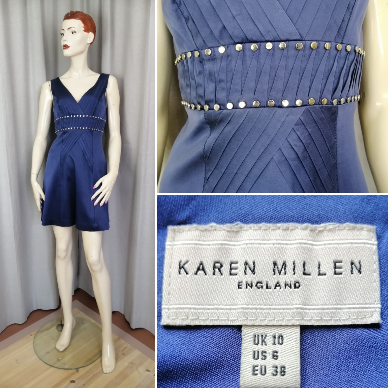 Second hand snygg klänning Karen Millen England v-ringad fram bak nitar blå
