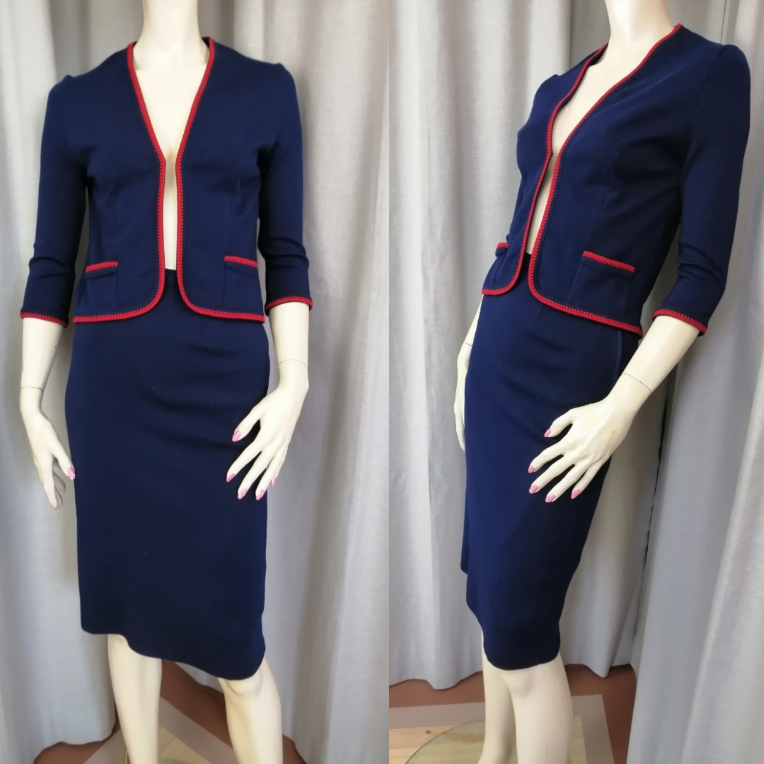 Vintage pytteliten dräkt  Lapidus Jersey snäv kjol dräktjacka blå röda detaljer 60-tal