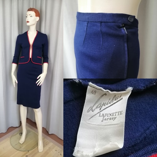Vintage pytteliten dräkt  Lapidus Jersey snäv kjol dräktjacka blå röda detaljer 60-tal