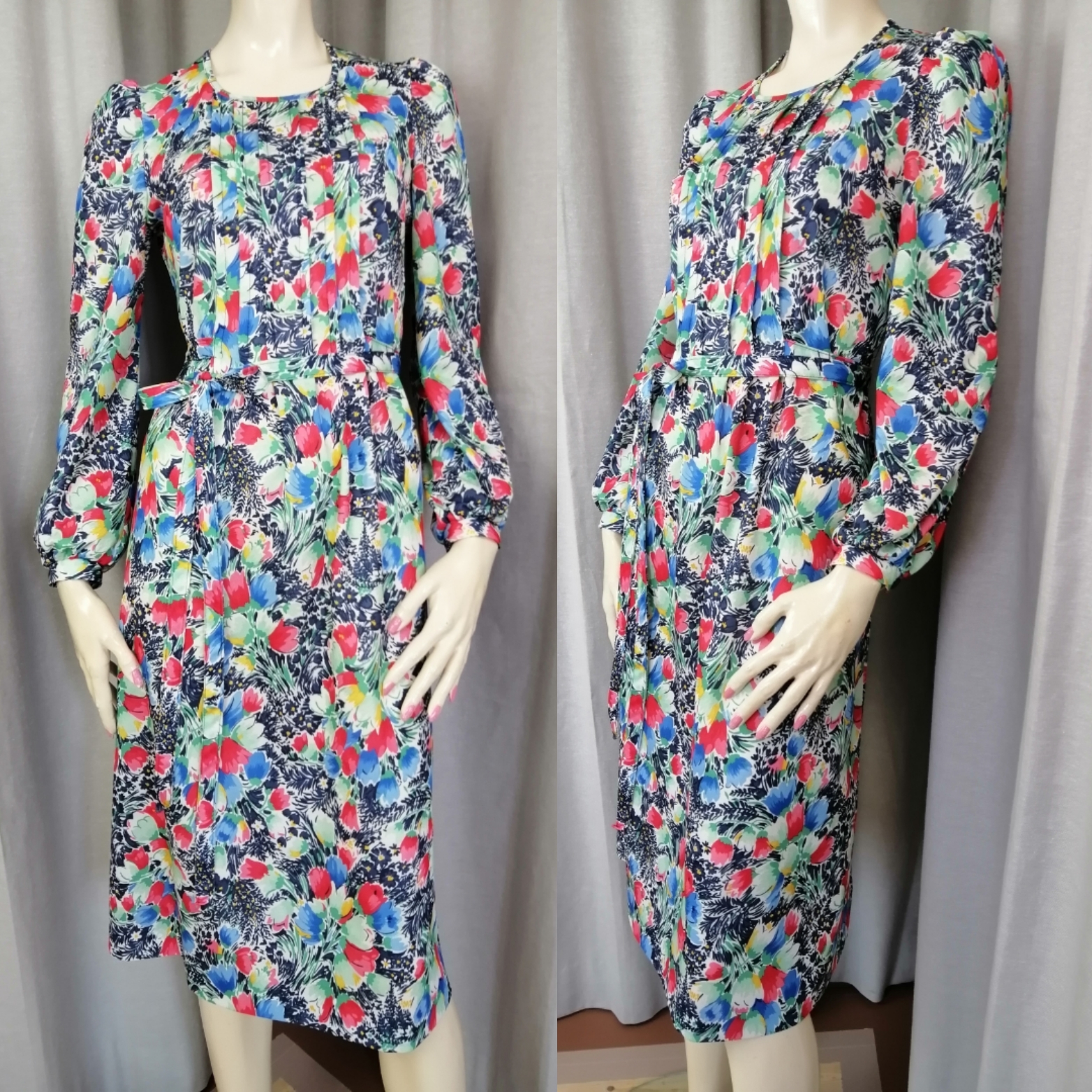 Vintage blommig klänning tunnare syntet fina veck fram knytskärp lång ärm 7080-tal