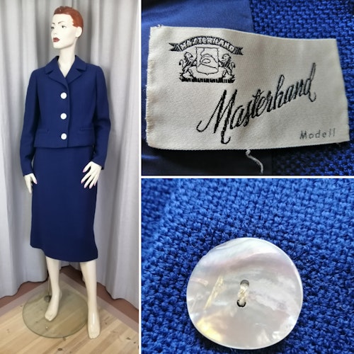 Vintage vinterdräkt 5060-tal blå längre snäv kjol rak dräktjacka pärlemorknappar