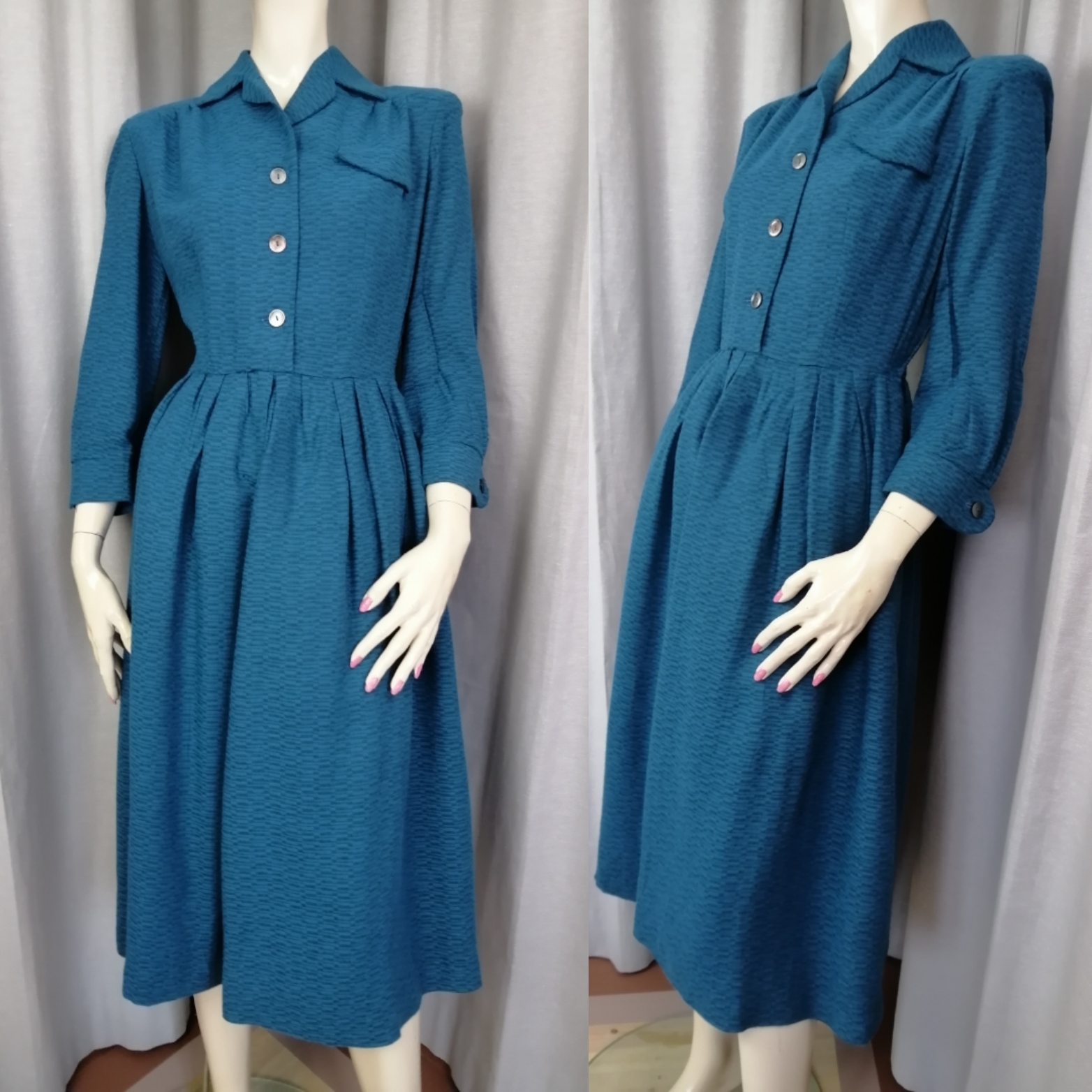 Vintage vacker klänning jadegrön-blå melerad vid fodrad kjol 4050-tal