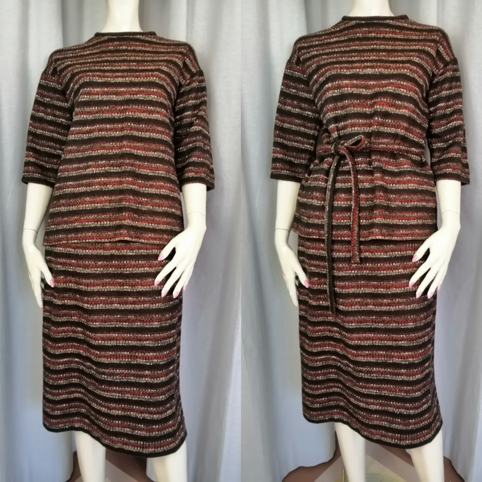 Vintage dress kjol och jumper randig brun röd rost skärp 6070-tal