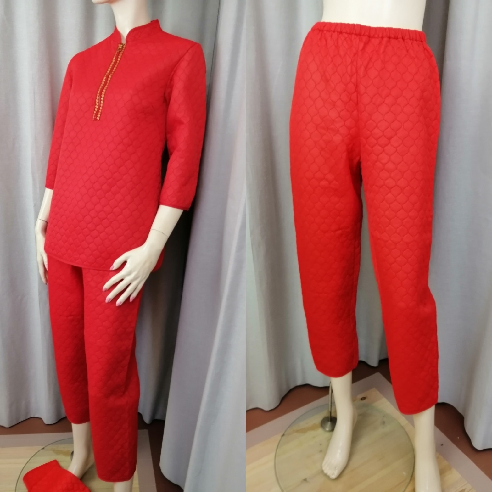Vintage 60-tal Grace matelasserad röd hemmadress, byxor tunika tossor
