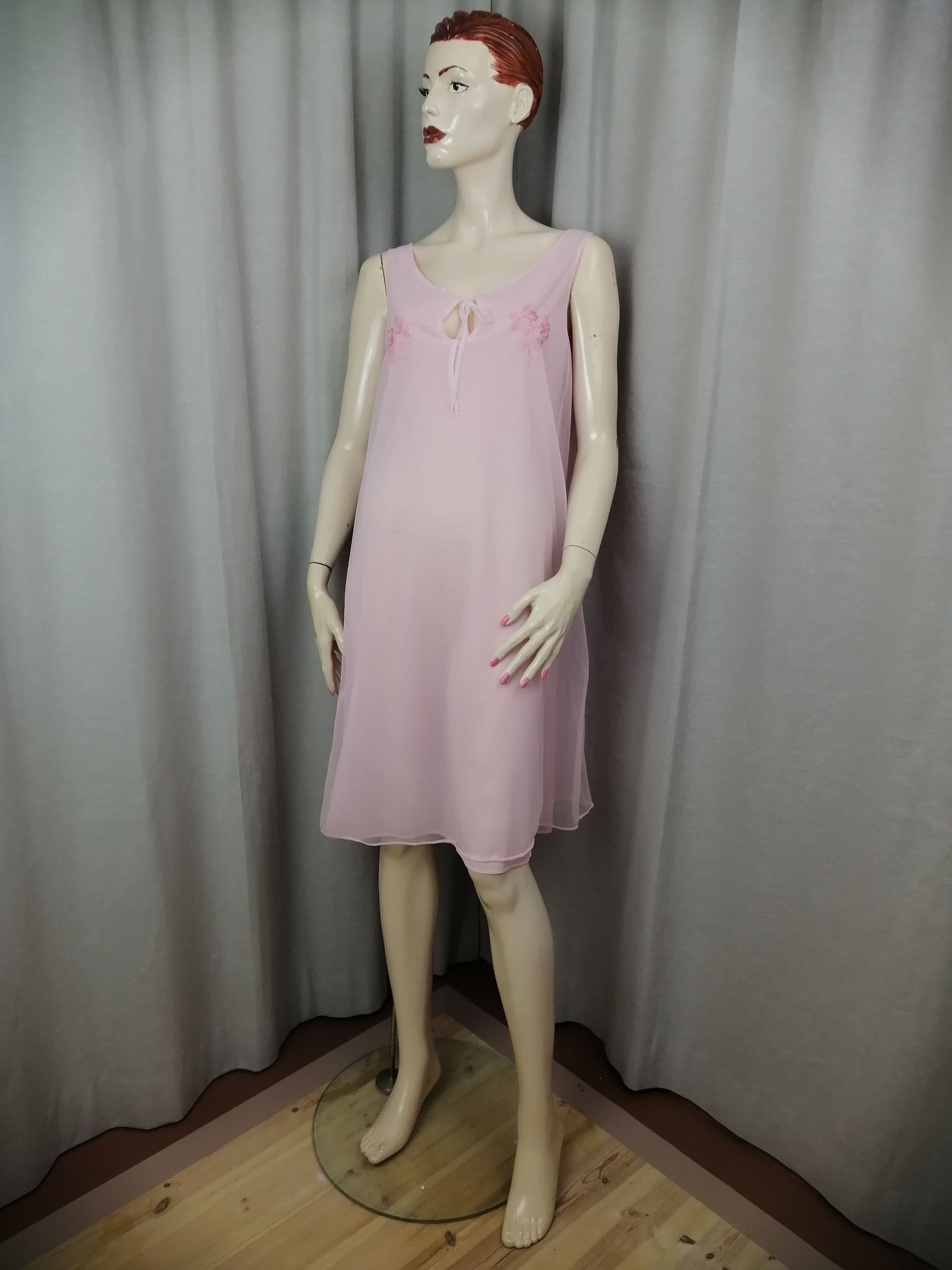 Vintage 60-tal Grace set negligé nattlinne rosa med broderier knytband