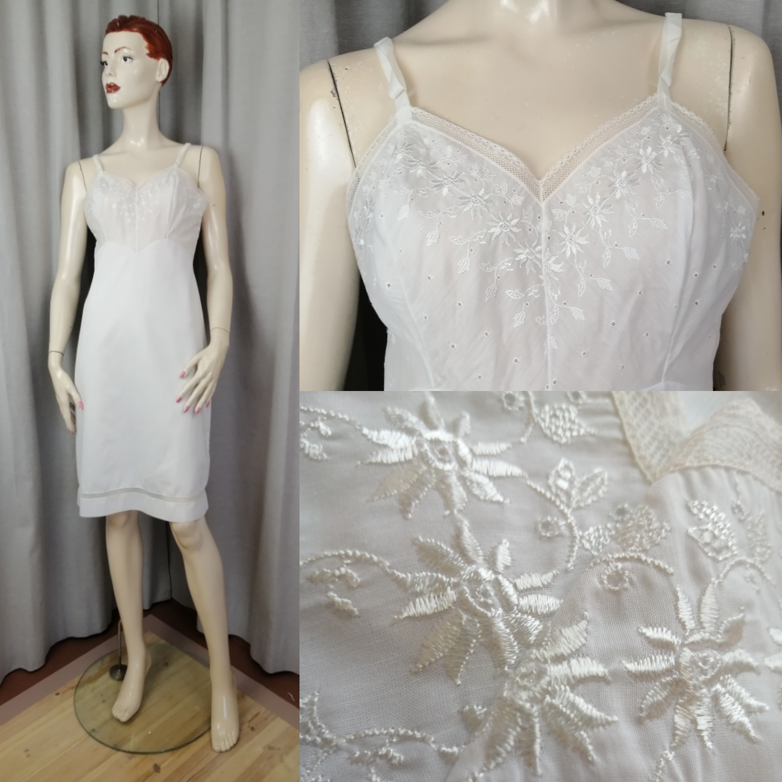 Vintage 60-tal Grace underklänning vit bomull broderade blommor och spets upptill