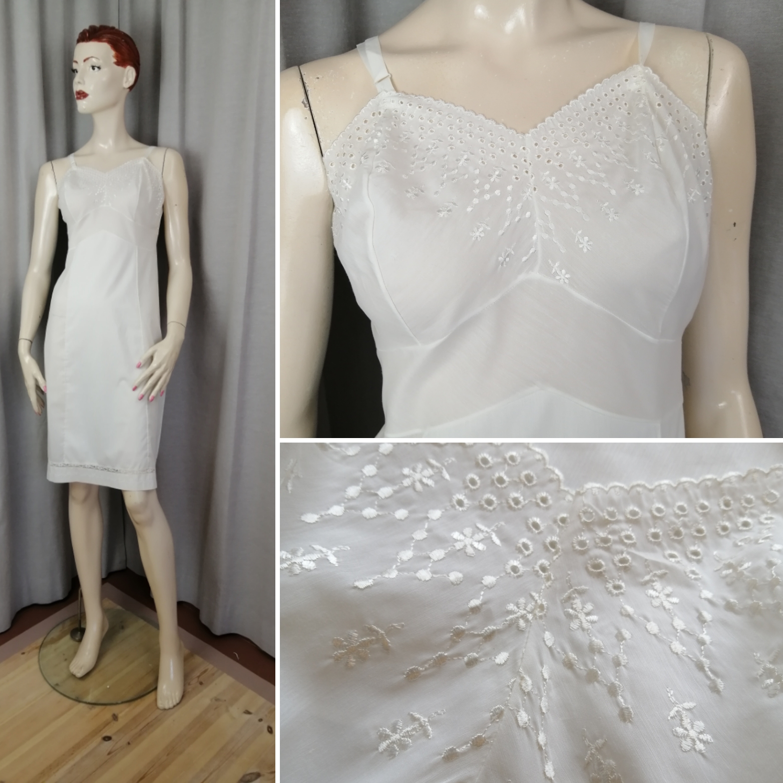 Vintage 60-tal Grace underklänning vit bomull hålbrodyr upptill