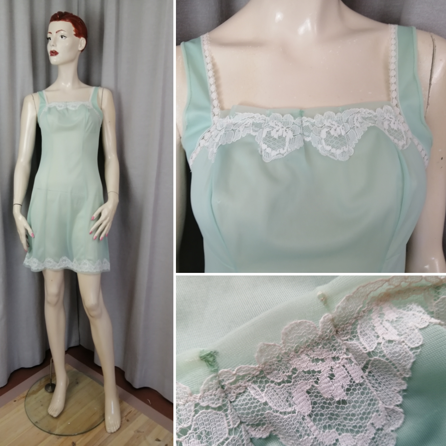 Vintage 60-tal Grace underklänning turkosgrön med vit spets