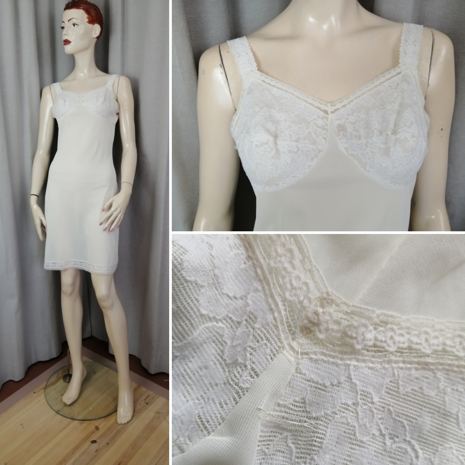 Vintage 60-tal Grace underklänning vit spets över bysten och axelband i spets