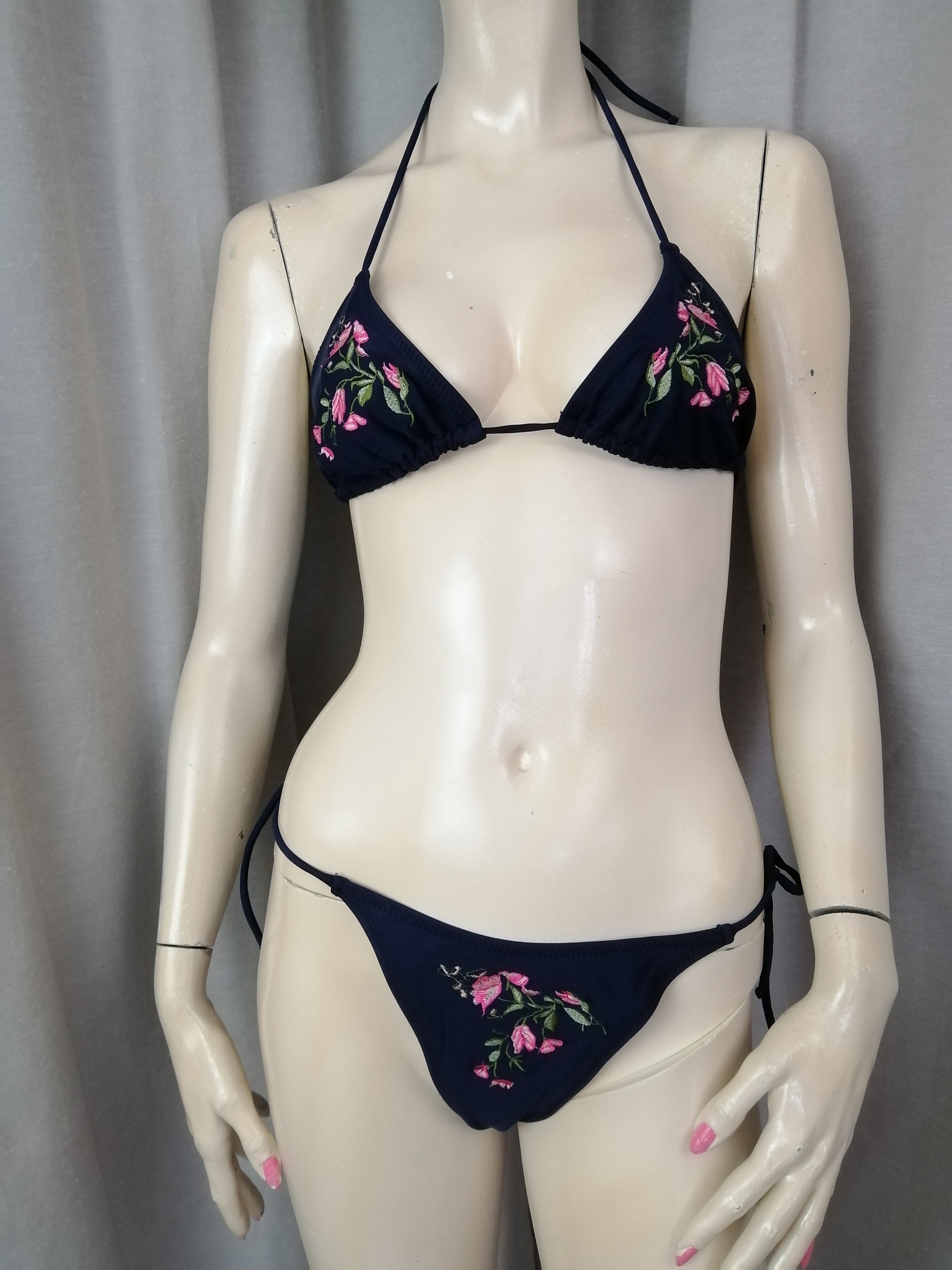 Vintage 60-tal Grace triangle-bikini blå med rosa blomdekor pytteliten