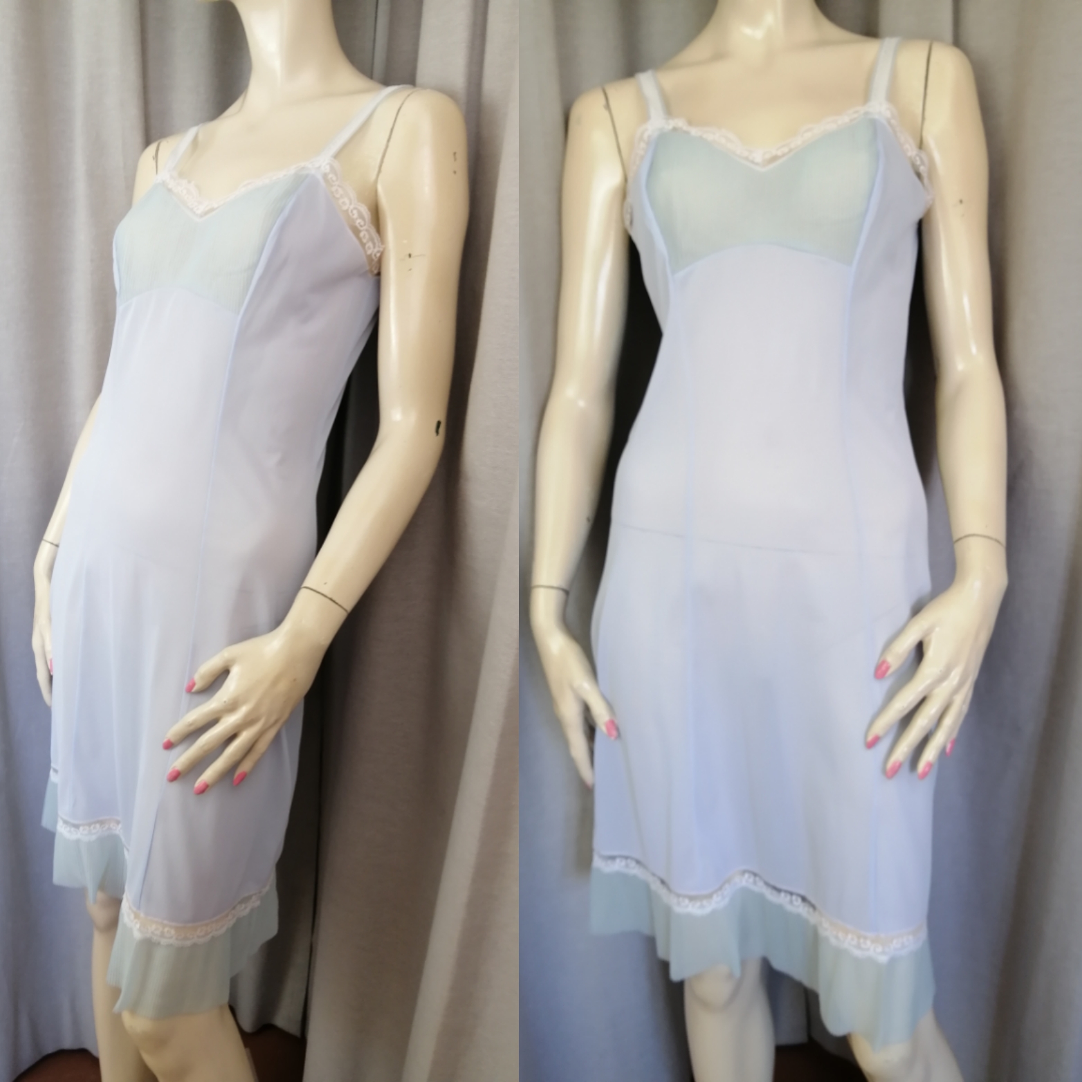 Vintage 60-tal Grace underklänning ljusblå plisserad bysten och volang vit spets