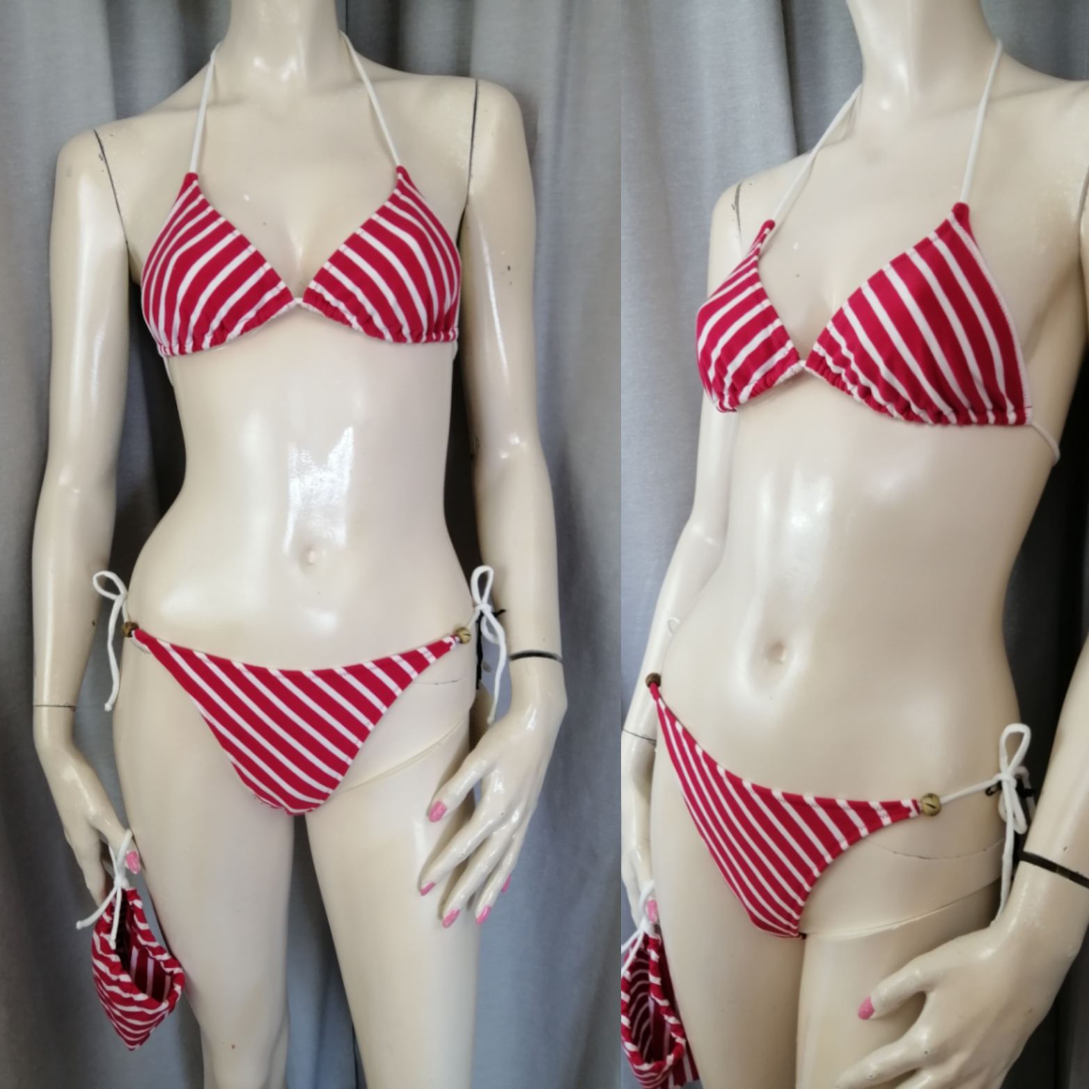 Second hand Pia Hallström triangle bikini bomull röd-vit med påse