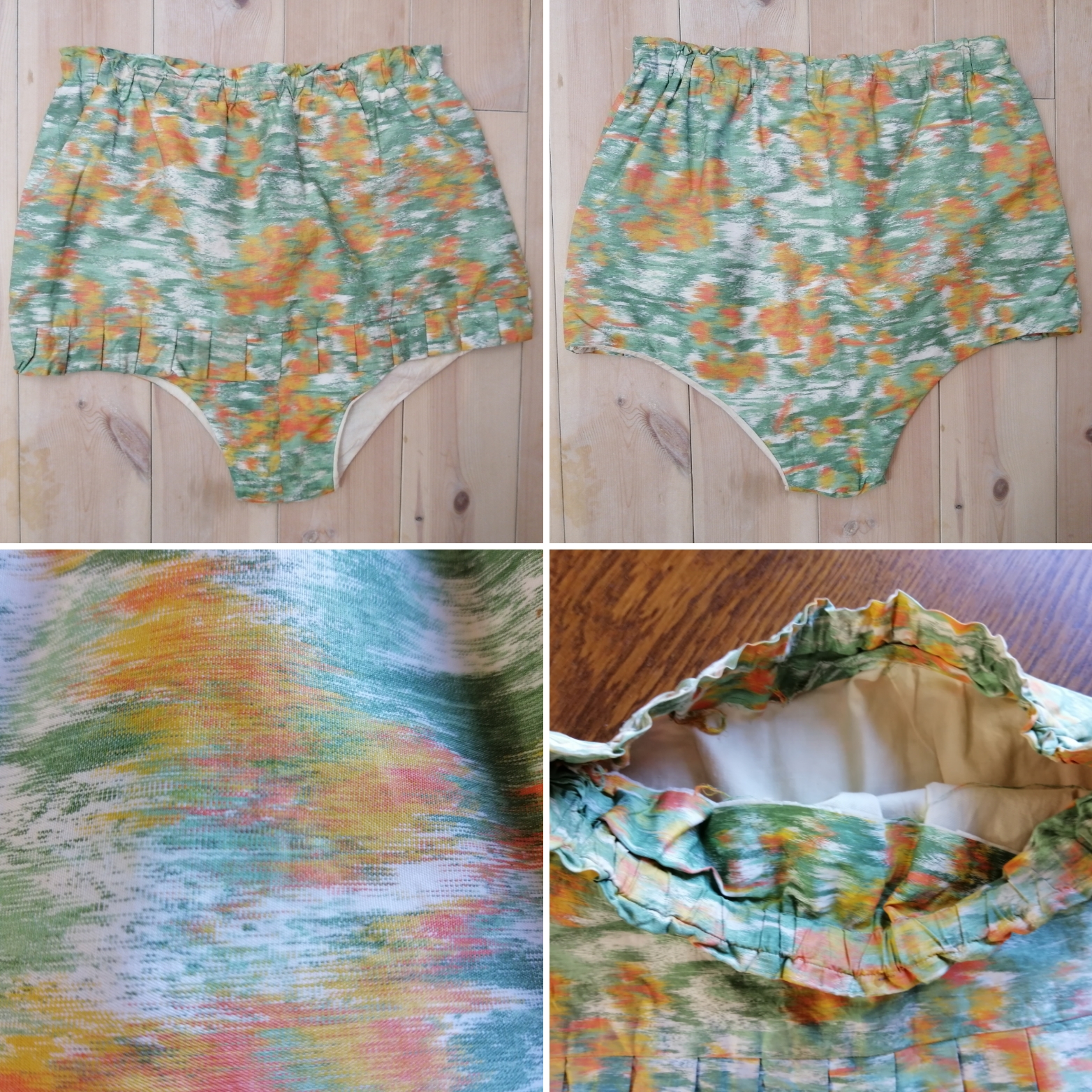 Vintage trosa/shorts att sola i bomull hög midja volang grön-orange fodrade