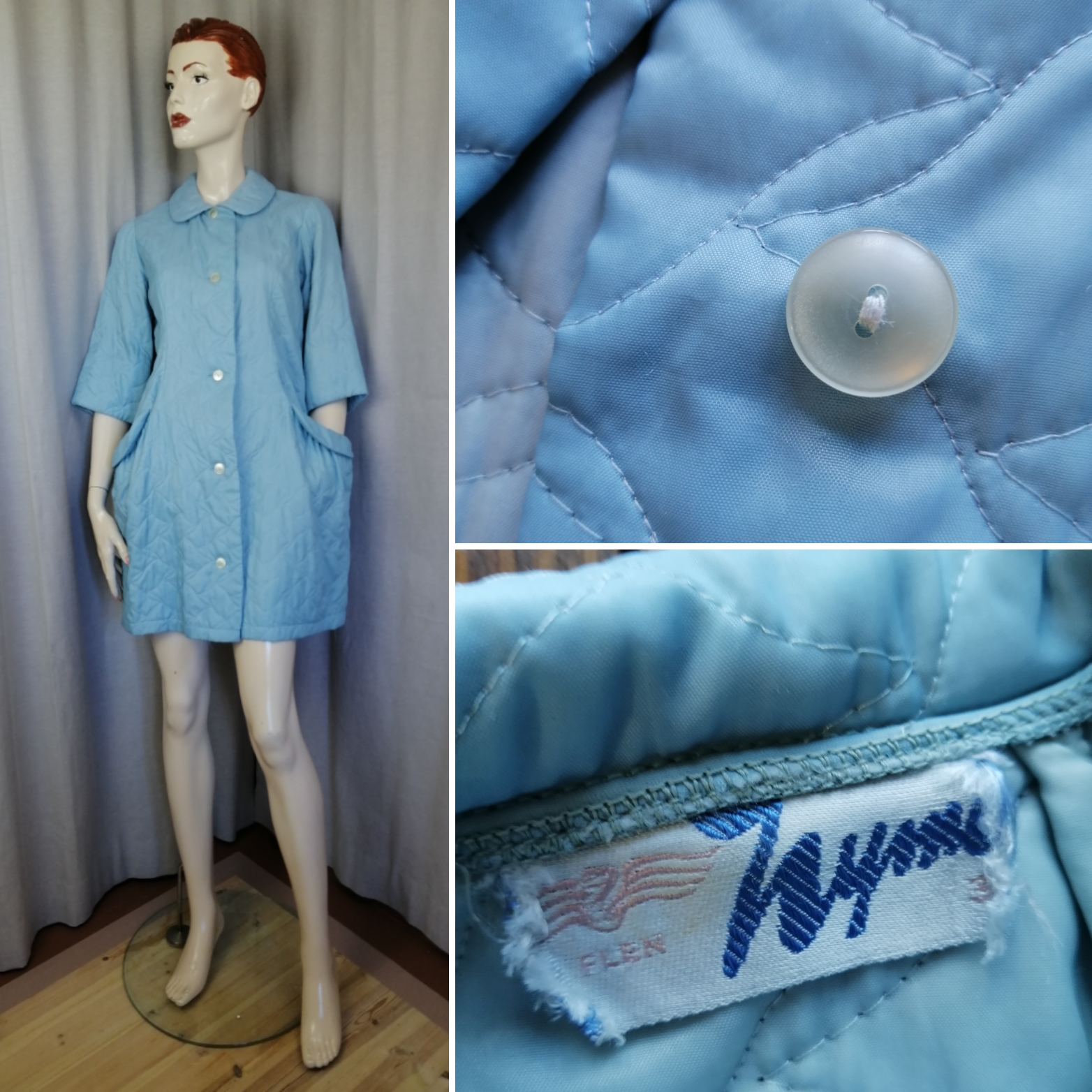 Vintage ljusblå matelasserad morgonrock nylon fickor knappar fram