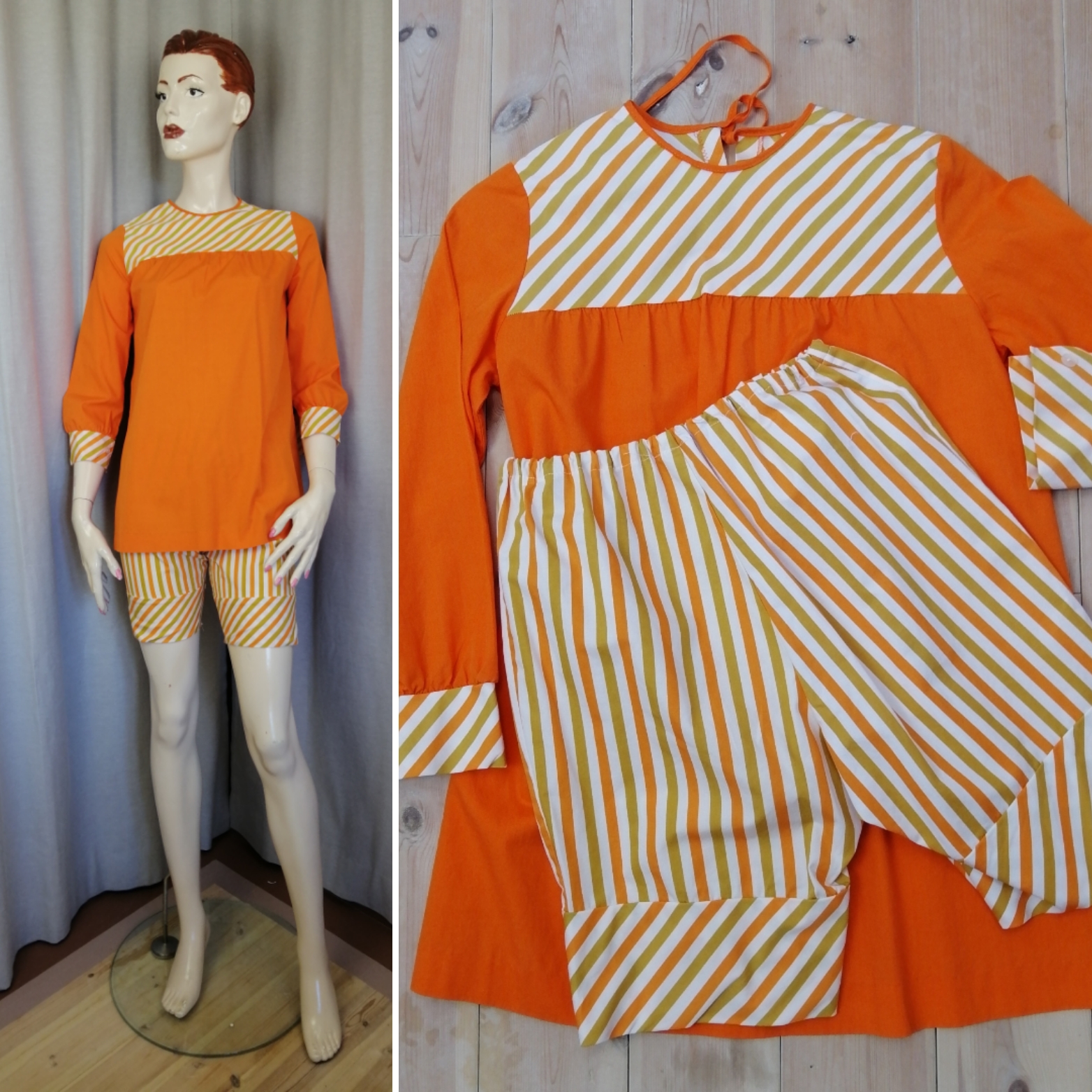 Vintage pyjamas eller strand-dress orange och randig byxa och blus