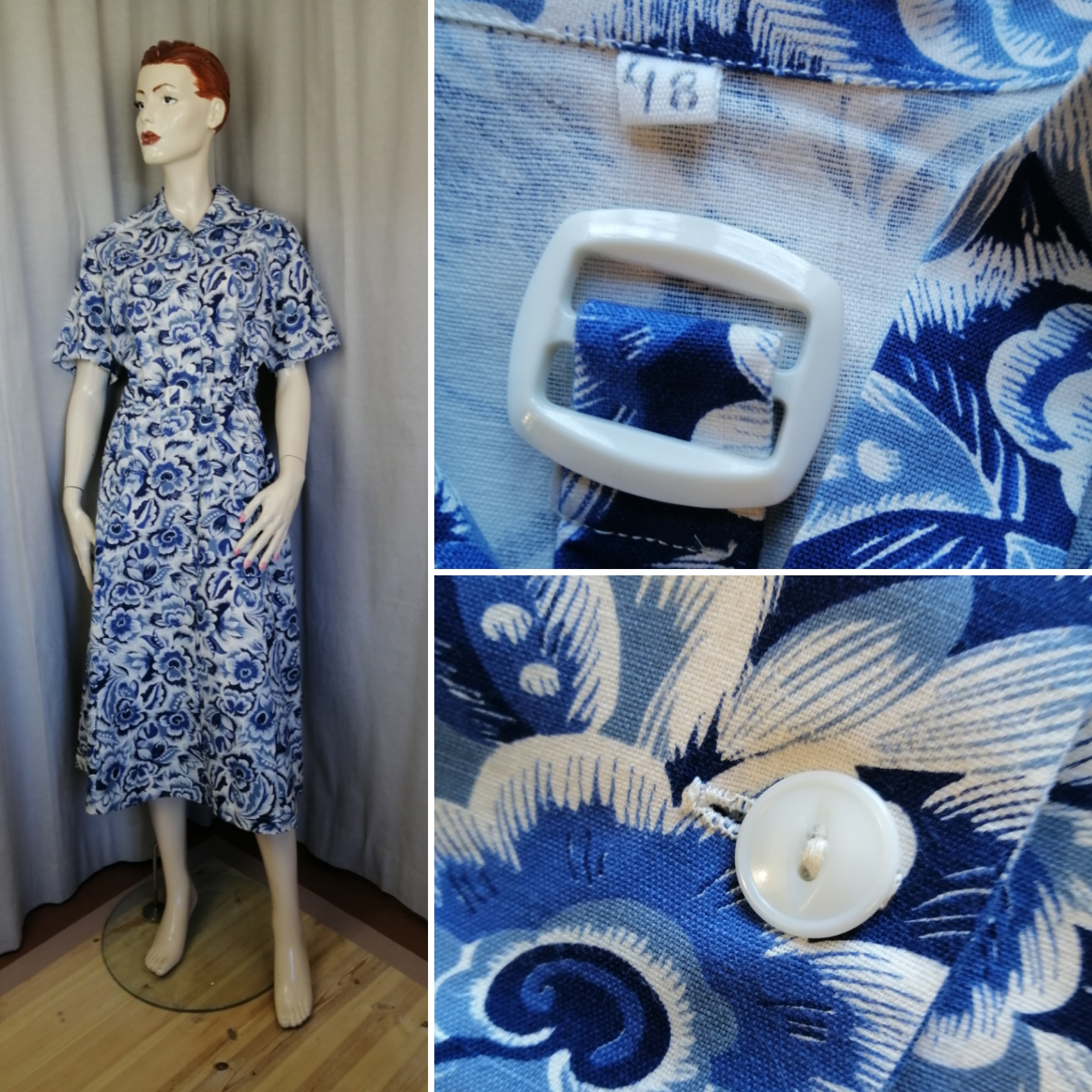 Vintage bomullsklänning 50-tal vit med blå blommor vid kjol fickor skärp