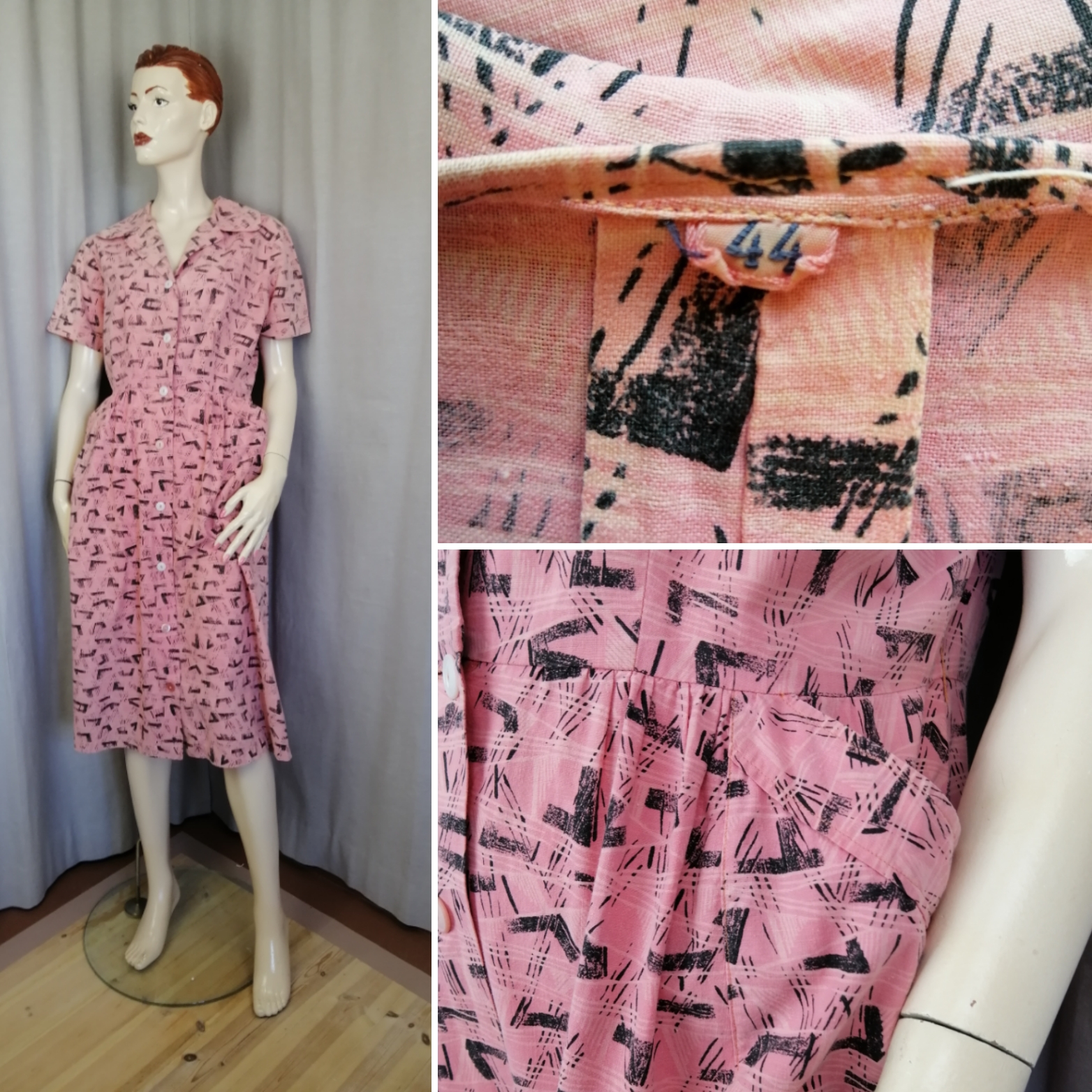 Vintage sommarklänning 50-tal rosa med svart mönster fickor knappar fram
