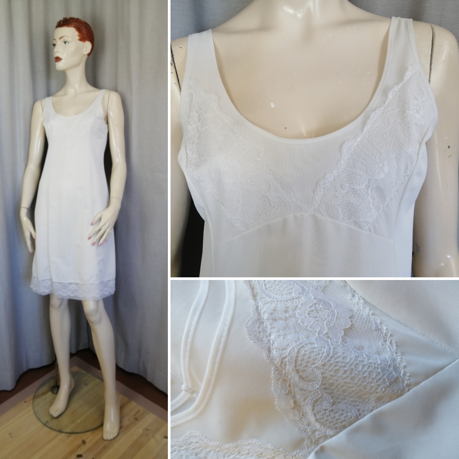 Vintage underklänning vit med spets snett över bysten