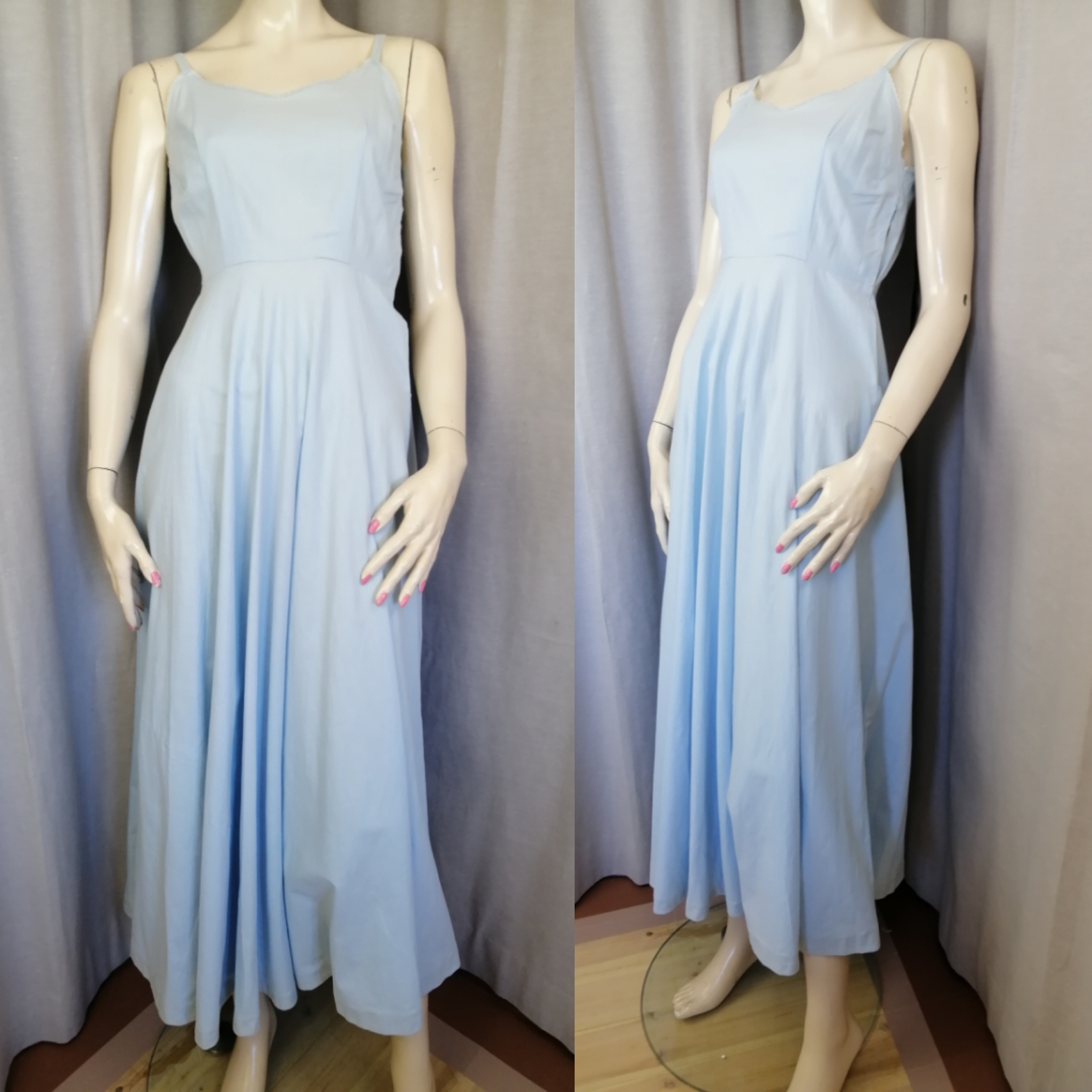 Vintage ljusblå underklänning eller tunn sommarklänning lång tunna axelband