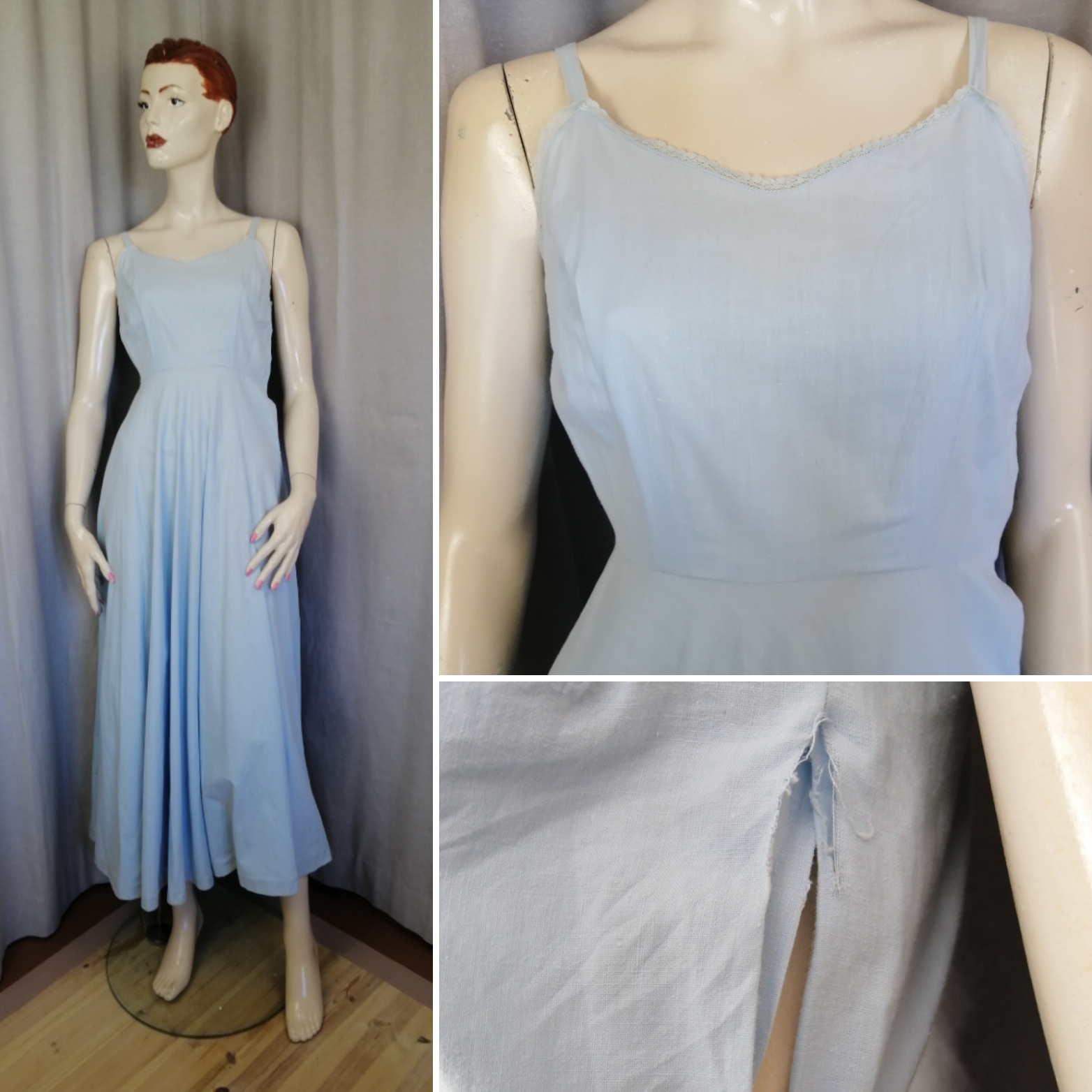 Vintage ljusblå underklänning eller tunn sommarklänning lång tunna axelband