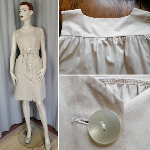 Vintage beige sval ärmlös klänning fickor, skärp, knappar 6070-tal