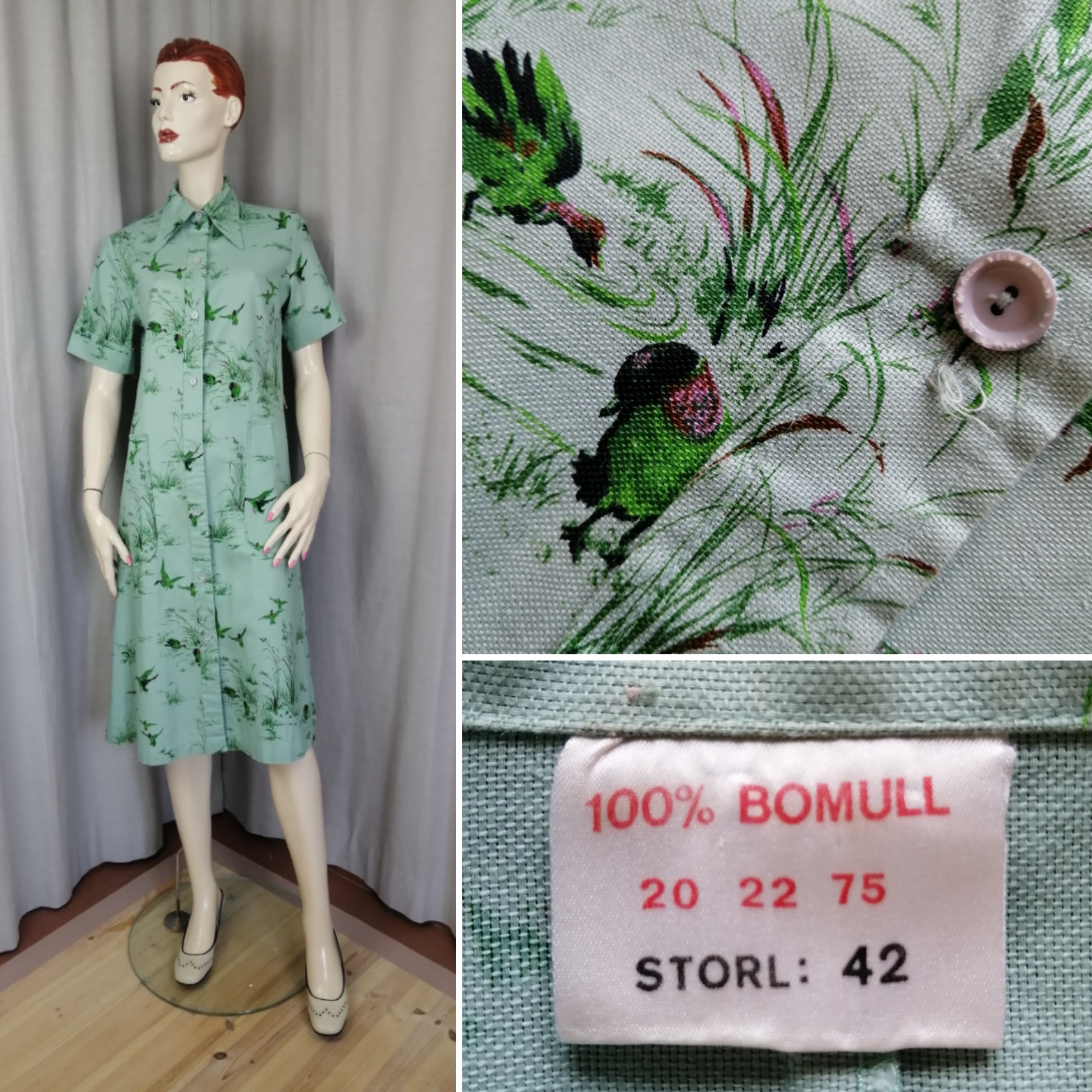 Vintage grön klänning fantatstiskt mönster fåglar i gräs, kort ärm fickor 70-tal
