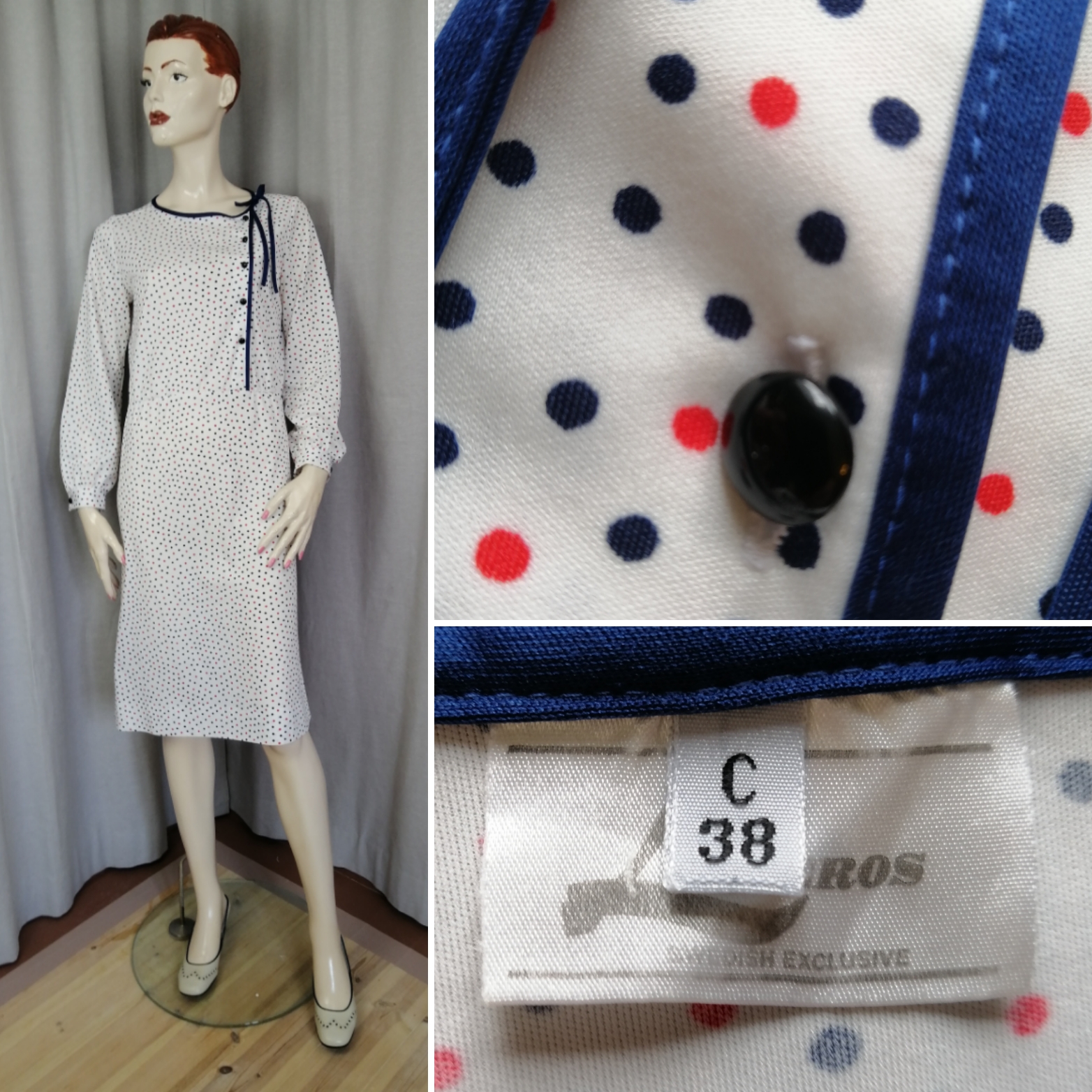 Vintage vit syntetklänning med blå röda prickar knappar fram till vänster