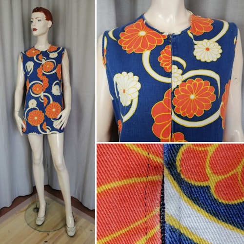 Vintage ärmlös tunika kort klänning bomull orange blå vit mönstrad blixtlås fram 70-tal