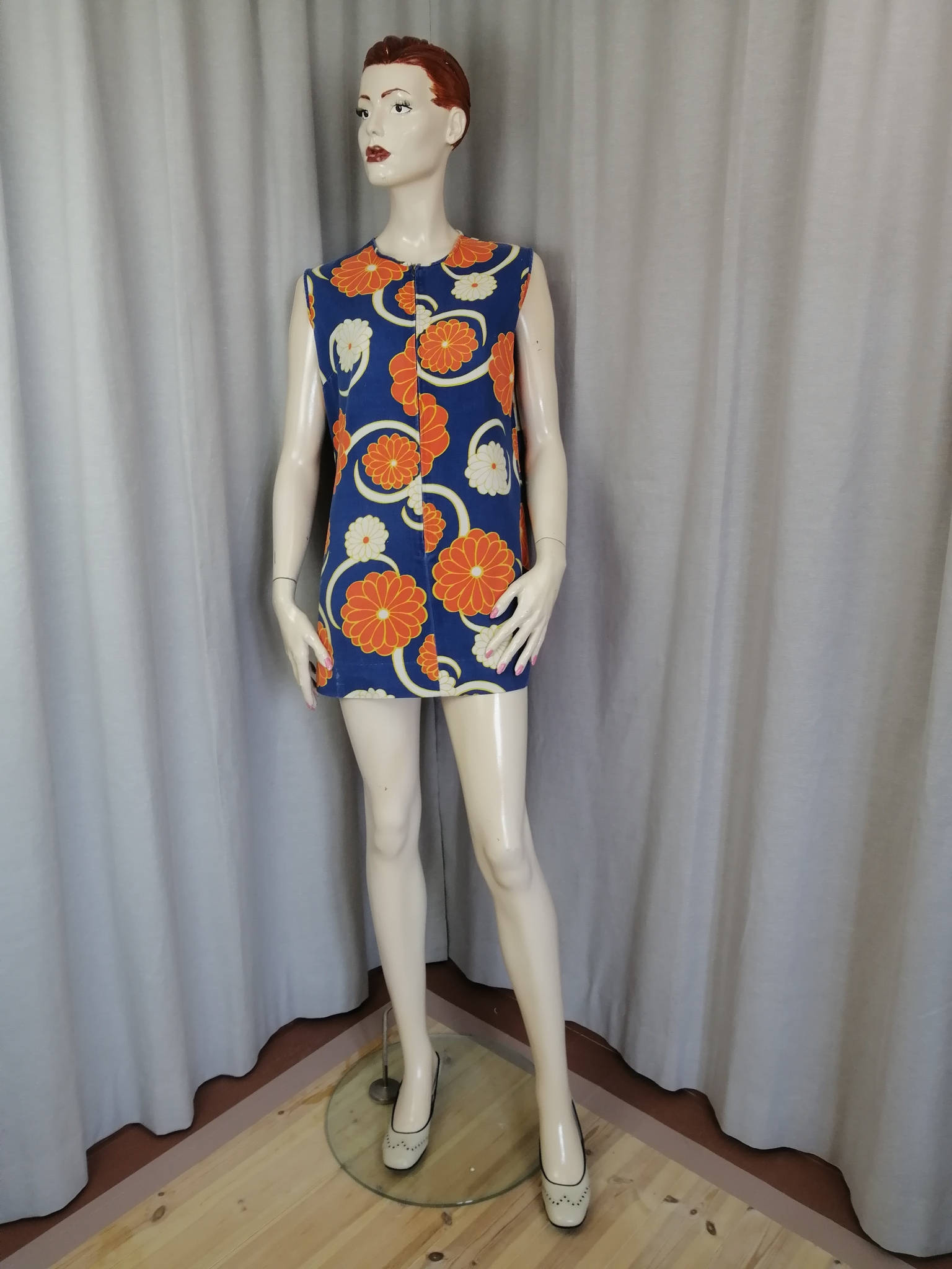 Vintage ärmlös tunika kort klänning bomull orange blå vit mönstrad blixtlås fram 70-tal
