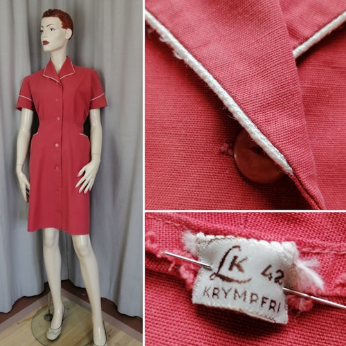 Vintage röd klänning typ diner-rock vita detaljer avskuren midja fickor 50-tal